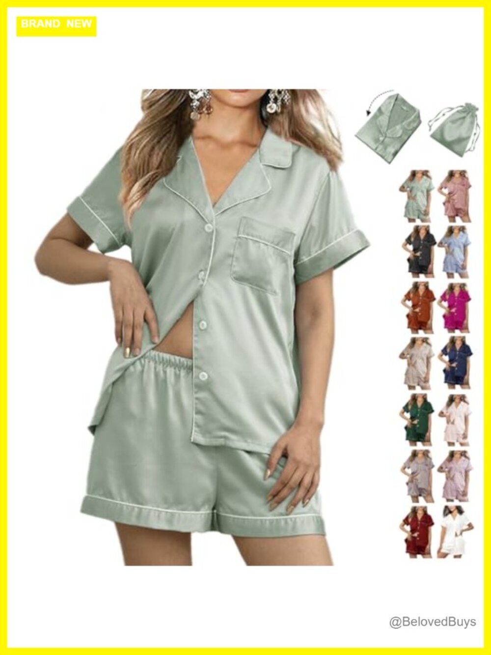 Womens 3Pc Silk Satin Pajama Set Button Down Short Sleeve Sleepwear Lounge